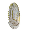 White resin Virgin Mary holy water wall decor featuring a figure with a radiant halo and floral accents.