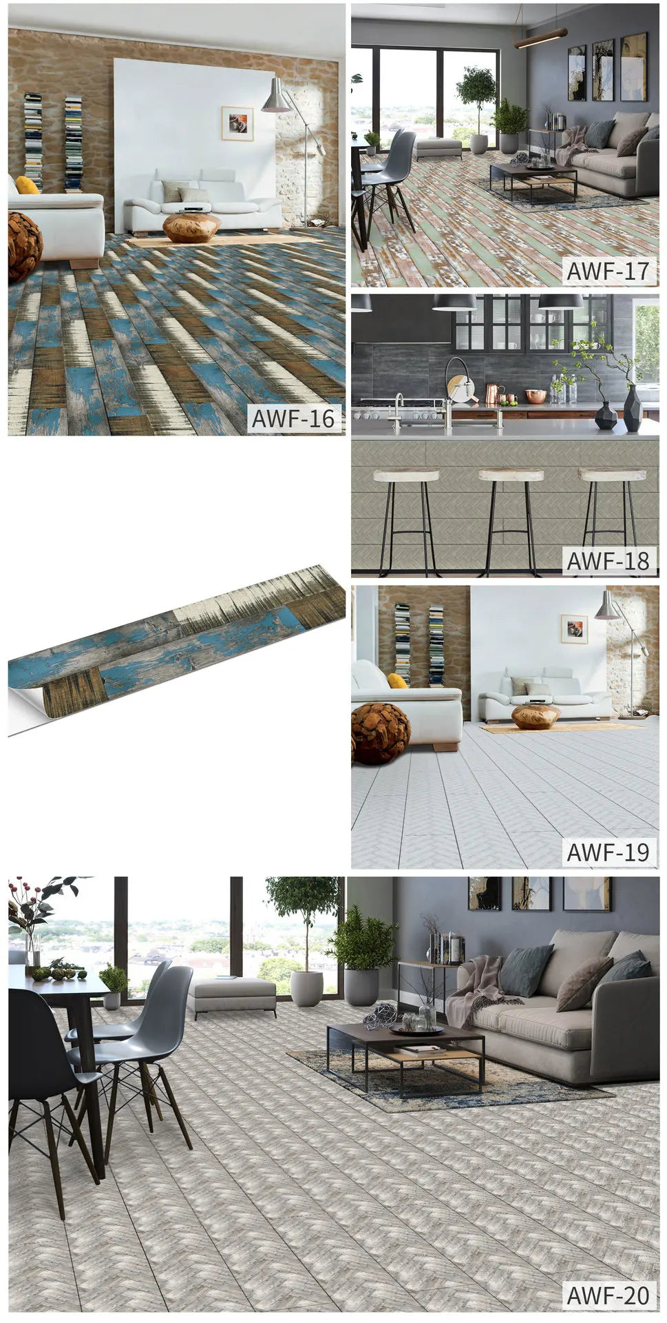 Various wood grain self-adhesive wall and floor decals showing different patterns and textures.