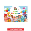 A colorful illustration of Cocomelon party supplies including balloons and tableware with smiling characters.