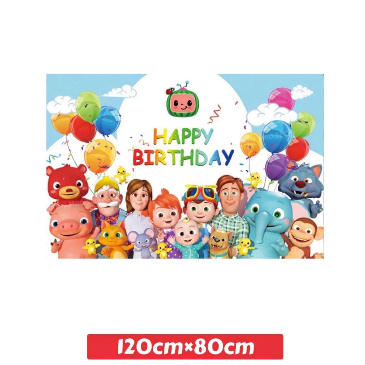 A colorful illustration of Cocomelon party supplies including balloons and tableware with smiling characters.