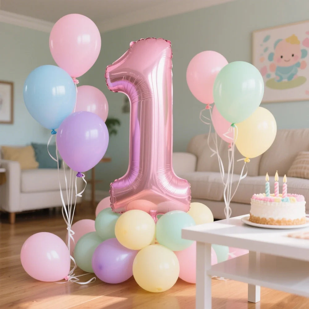 Un ensemble de ballons en papier aluminium roses en forme du chiffre un pour une fête d'anniversaire d'un an.