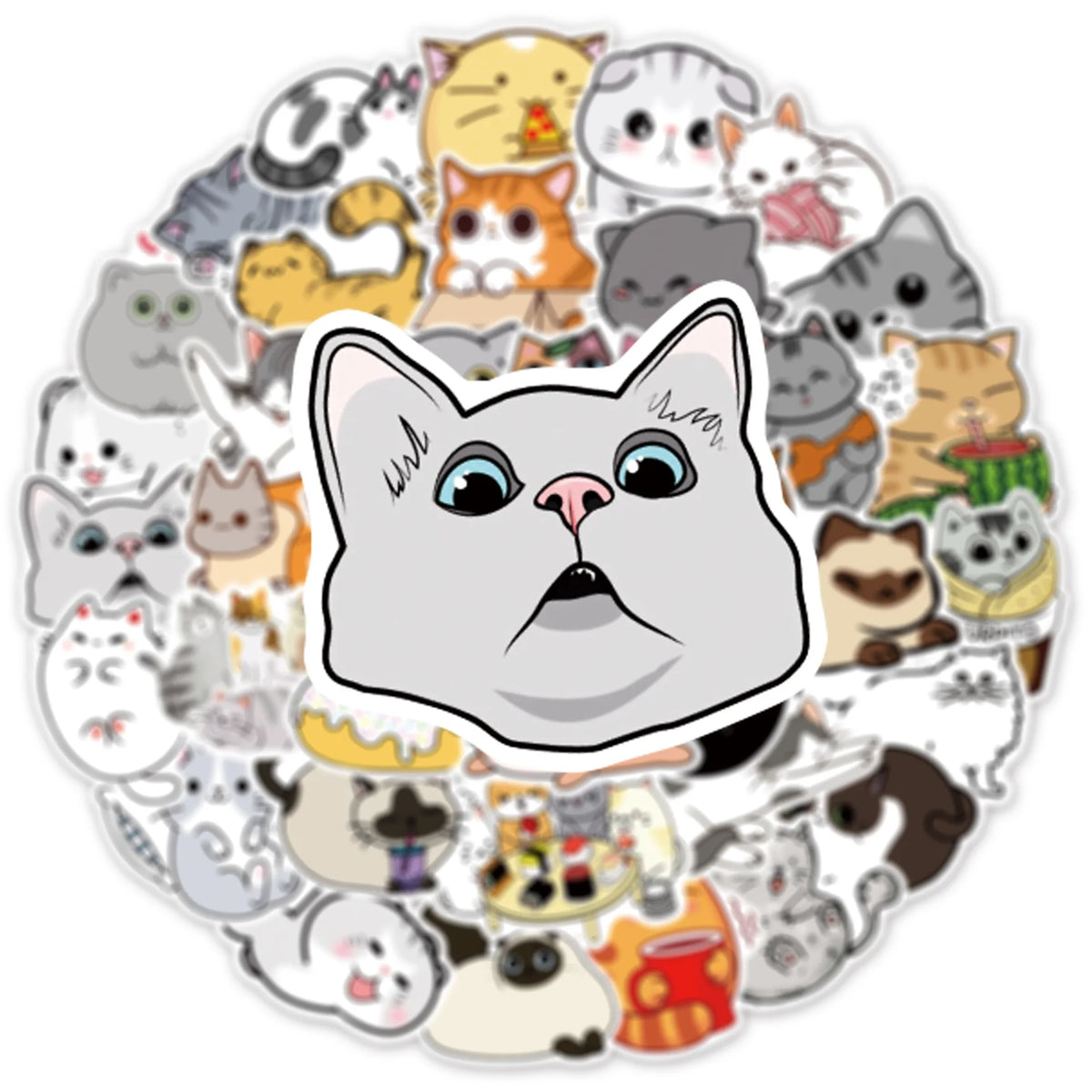 A circular arrangement of various funny cartoon cat meme stickers for DIY decor