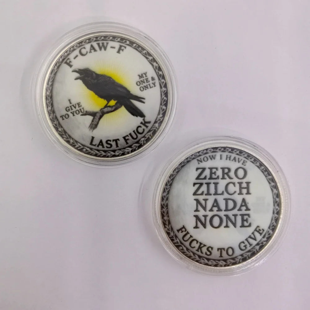 A challenge coin featuring a silhouette of a bird and text including the phrase Last Fuck