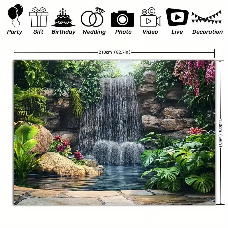 A decorative banner featuring a lush garden waterfall scene with rocks, greenery, and flowing water.