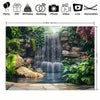 A decorative banner featuring a lush garden waterfall scene with rocks, greenery, and flowing water.