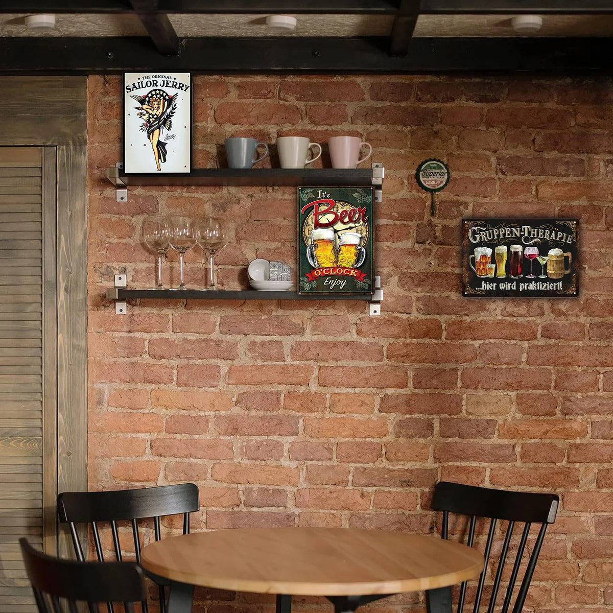 A rustic brick wall decorated with vintage beer metal tin signs and wooden furniture.