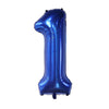 A large, shiny blue foil number balloon shaped like the numeral one for party decor.