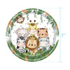A plate decorated with cute animal faces like a giraffe, lion, elephant, tiger, and zebra for jungle safari birthday decor.