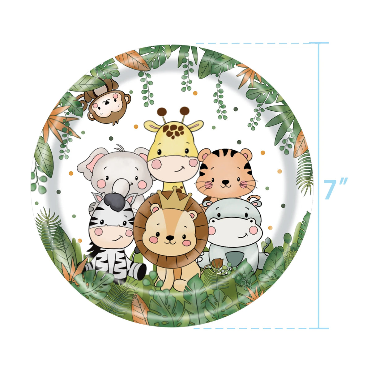A plate decorated with cute animal faces like a giraffe, lion, elephant, tiger, and zebra for jungle safari birthday decor.