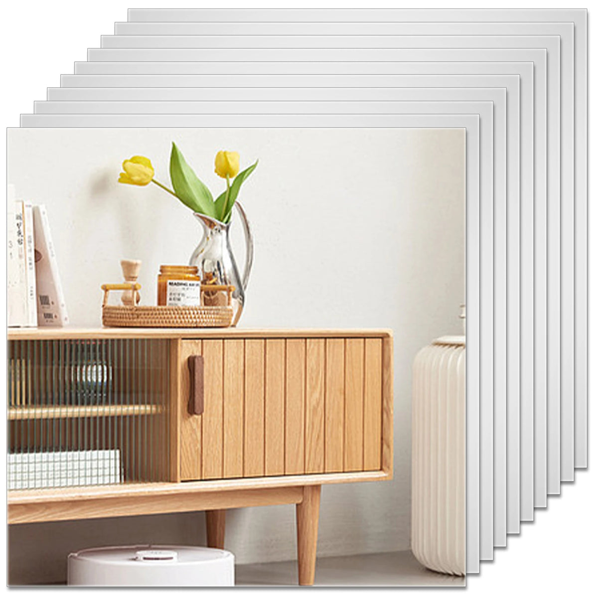 Un meuble en bois avec des portes en verre et un radiateur blanc dans une pièce lumineuse.