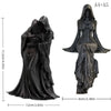 Black resin statue of a gothic female grim reaper with flowing robes and a scythe.