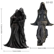 Black resin statue of a gothic female grim reaper with flowing robes and a scythe.