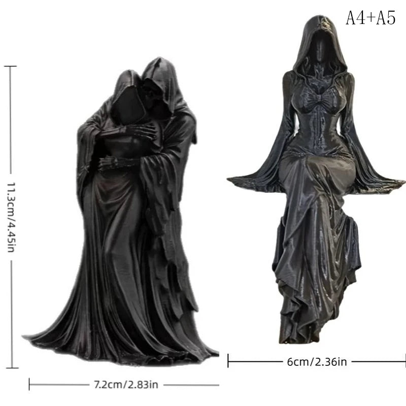 Black resin statue of a gothic female grim reaper with flowing robes and a scythe.