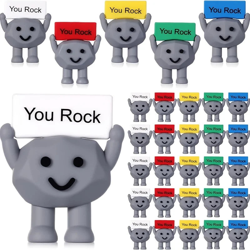 A collection of inspirational motivational stones featuring the text You Rock, displayed on a gray, stylized character.