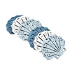 A set of twelve wooden ocean ornaments shaped like shells, scallops, and starfish in shades of blue and white.