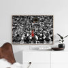 A black and white vintage basketball art print featuring a crowded sports arena with a scoreboard displaying 05.6.