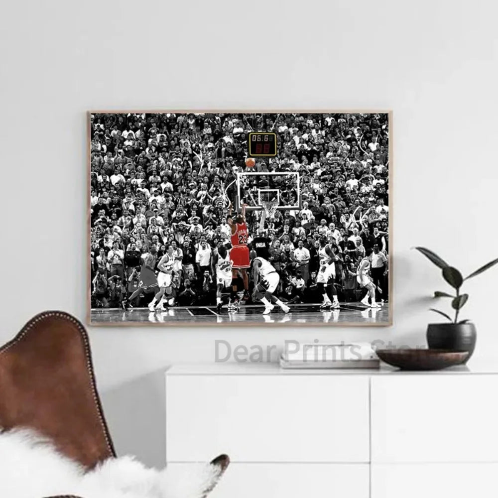 A black and white vintage basketball art print featuring a crowded sports arena with a scoreboard displaying 05.6.