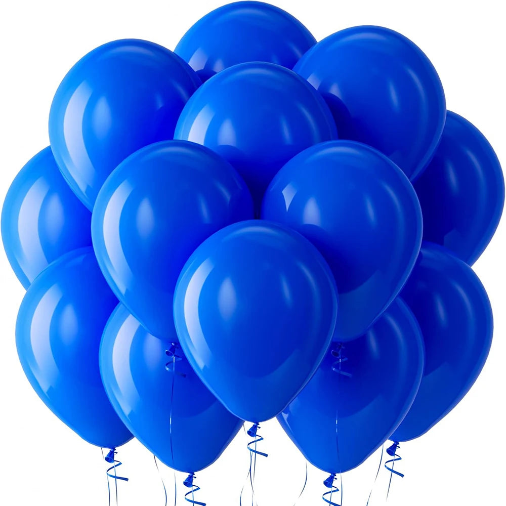A cluster of bright blue latex balloons floating against a white background.