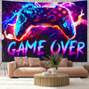 A vibrant purple and neon glowing game controller tapestry hangs on a wall in a room setting.
