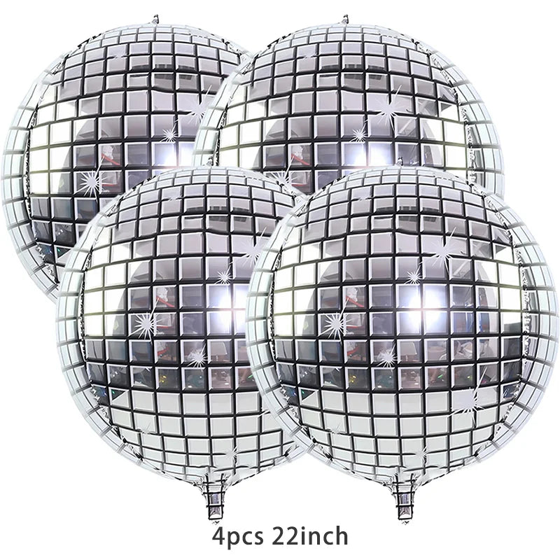Four metallic silver disco ball balloons, 22 inches each, are displayed against a white background.