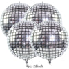Four metallic silver disco ball balloons, 22 inches each, are displayed against a white background.