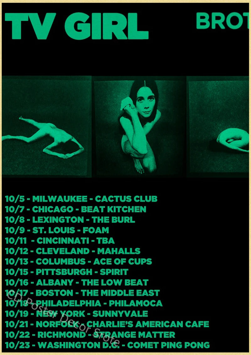 A black and green music poster listing various dates, locations, and bands for a TV Girl performance.