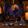 A box of a 24-Day Mystery Resin Figurine Advent Calendar featuring Halloween themed imagery and small resin figures.