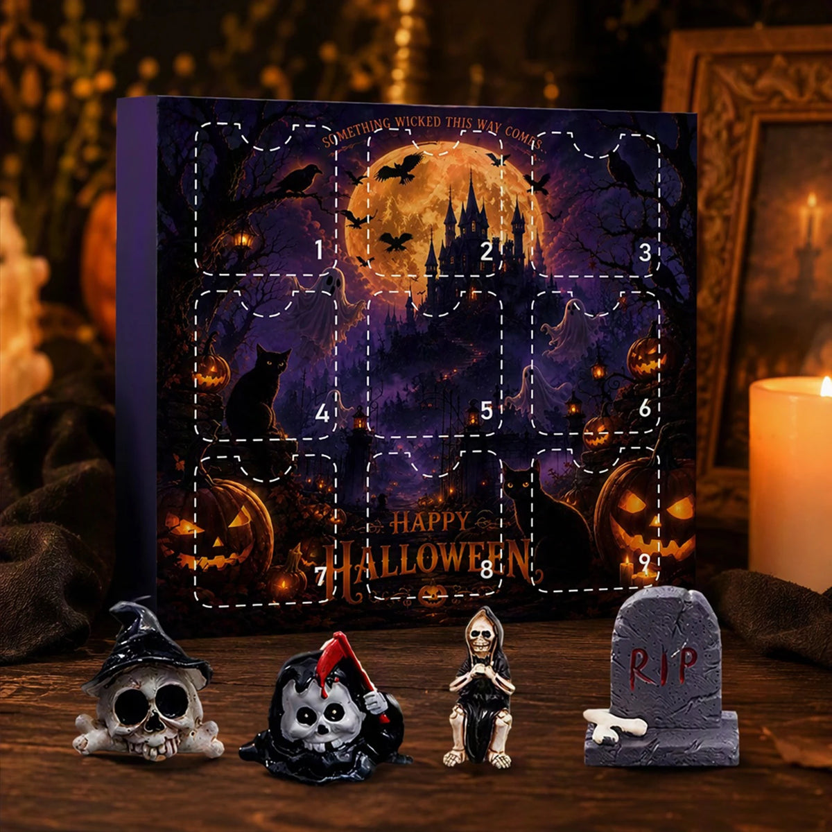 A box of a 24-Day Mystery Resin Figurine Advent Calendar featuring Halloween themed imagery and small resin figures.