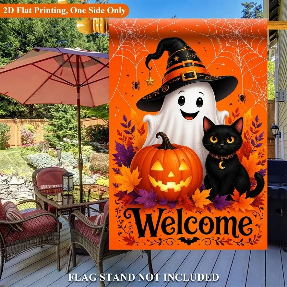 A vertical orange flag featuring a white ghost and a black cat in a Halloween theme with autumn leaves.