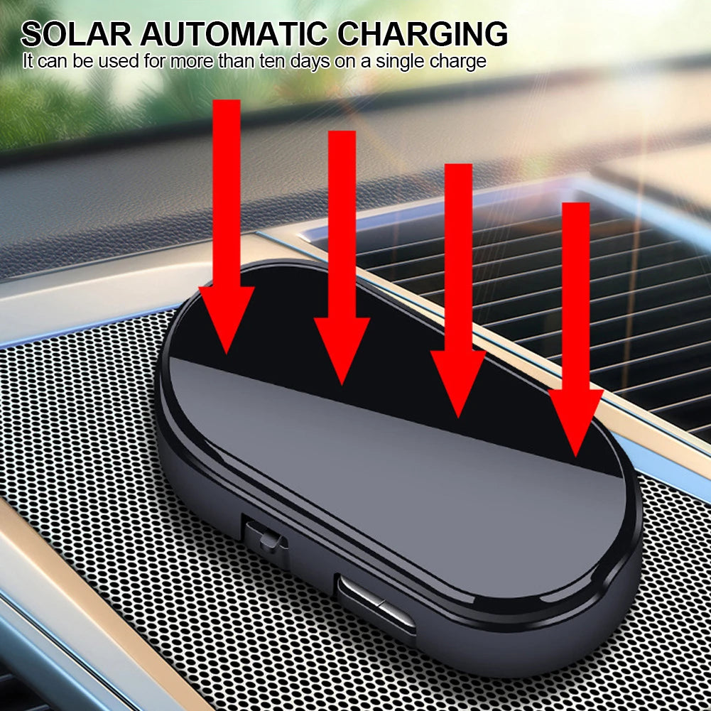 A black device is shown being charged by sunlight on a metal surface.