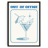 Schwarz gerahmtes Druckbild mit dem Text OUT OF OFFICE und einer Linienzeichnung eines Regenschirms und eines Cocktailglases.
