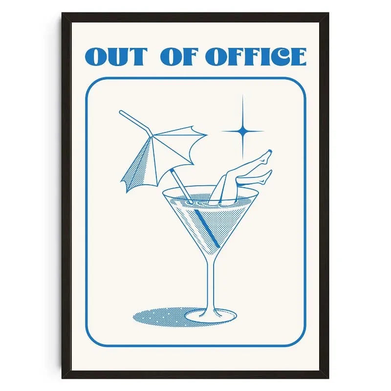 Schwarz gerahmtes Druckbild mit dem Text OUT OF OFFICE und einer Linienzeichnung eines Regenschirms und eines Cocktailglases.