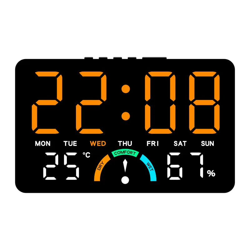 A digital alarm clock displaying the time 22:08, temperature 25°C, and humidity 67%.
