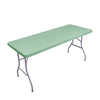 A rectangular, light green stretch tablecloth table with a metal frame.