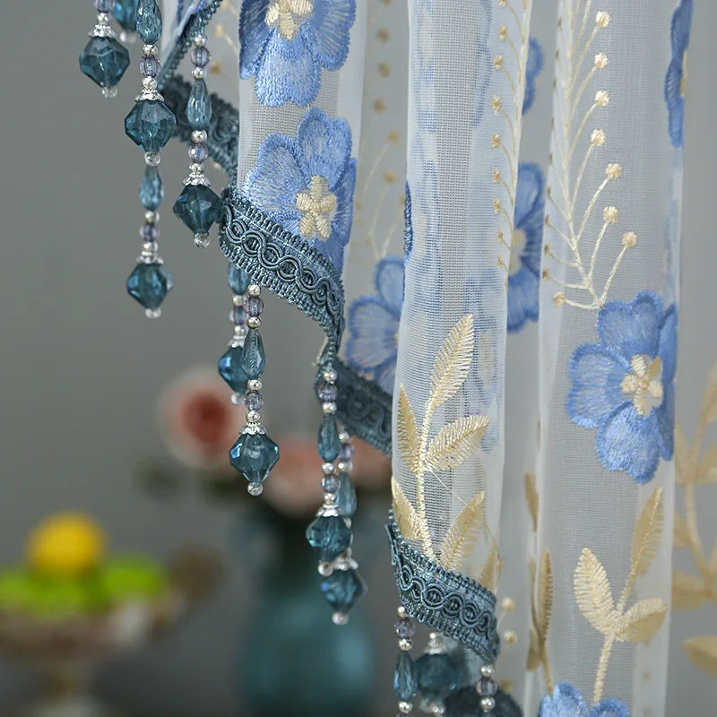 Blue and gold embroidered sheer lace door curtain with blue glass tassels
