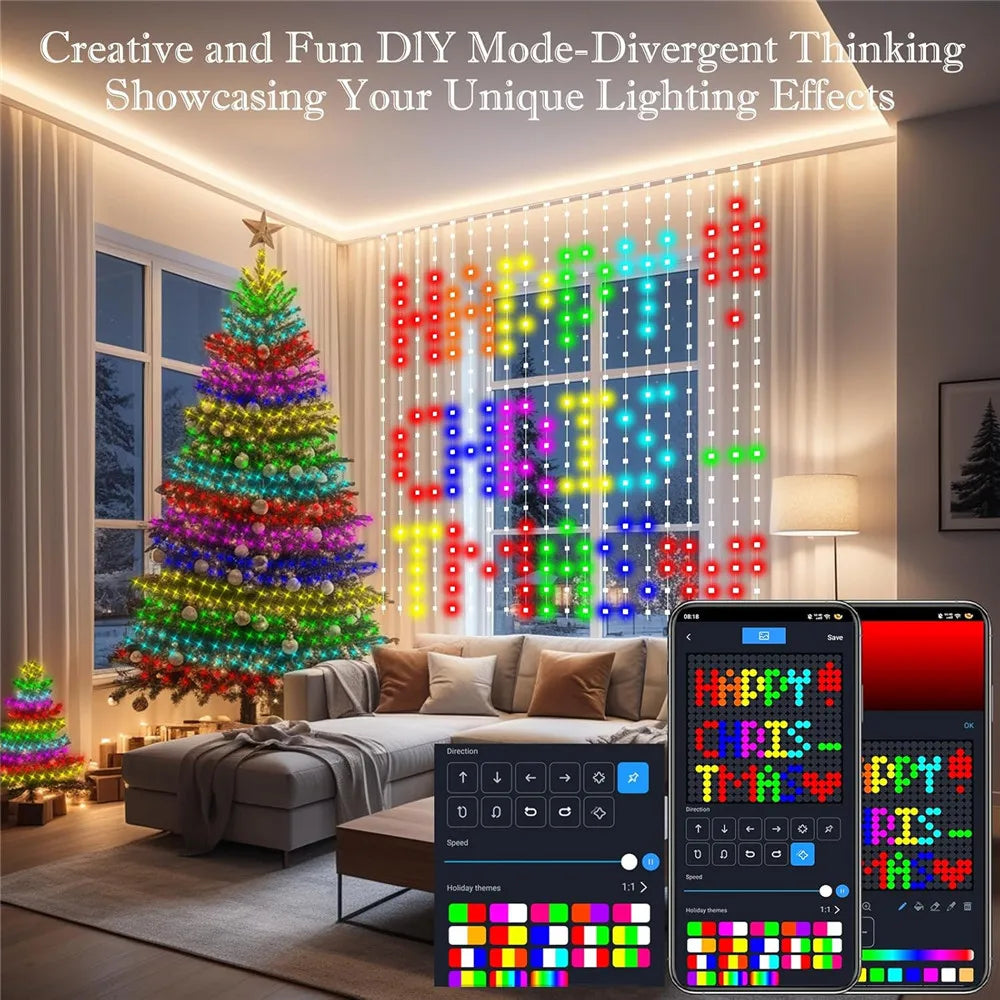 Christmas tree decorated with colorful LED lights and a window display featuring vertical string lights