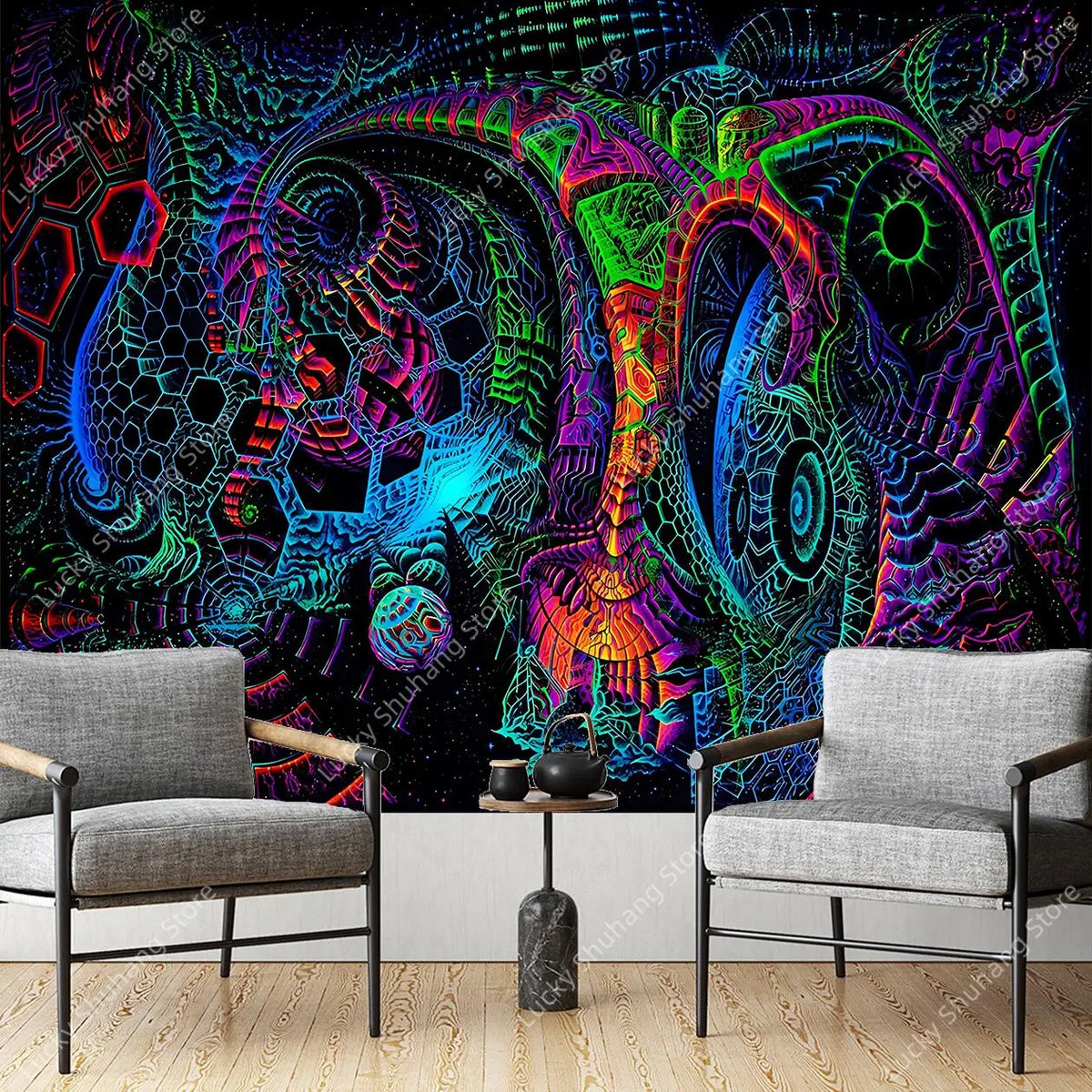 A vibrant tapestry featuring psychedelic UV patterns and glowing geometric shapes displayed on a wall.