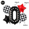 A set of black and white checkered balloons, a large black number zero balloon, and a red star balloon.