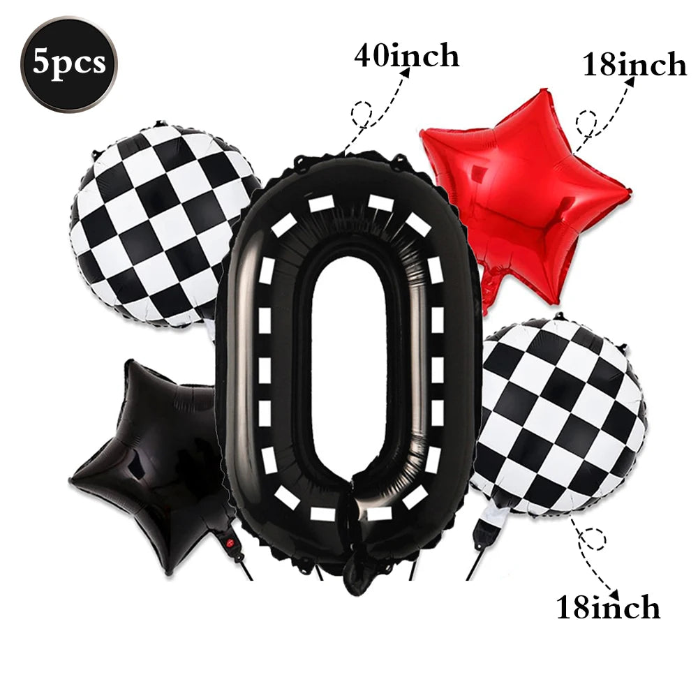 A set of black and white checkered balloons, a large black number zero balloon, and a red star balloon.