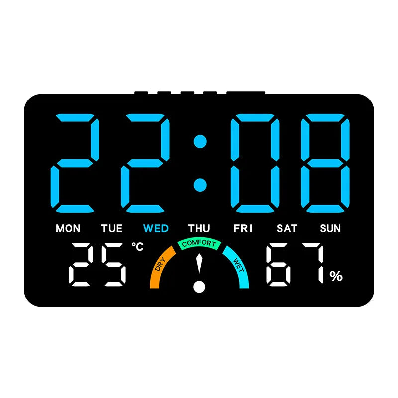 Digital alarm clock displaying 22:08 with temperature and humidity readings.