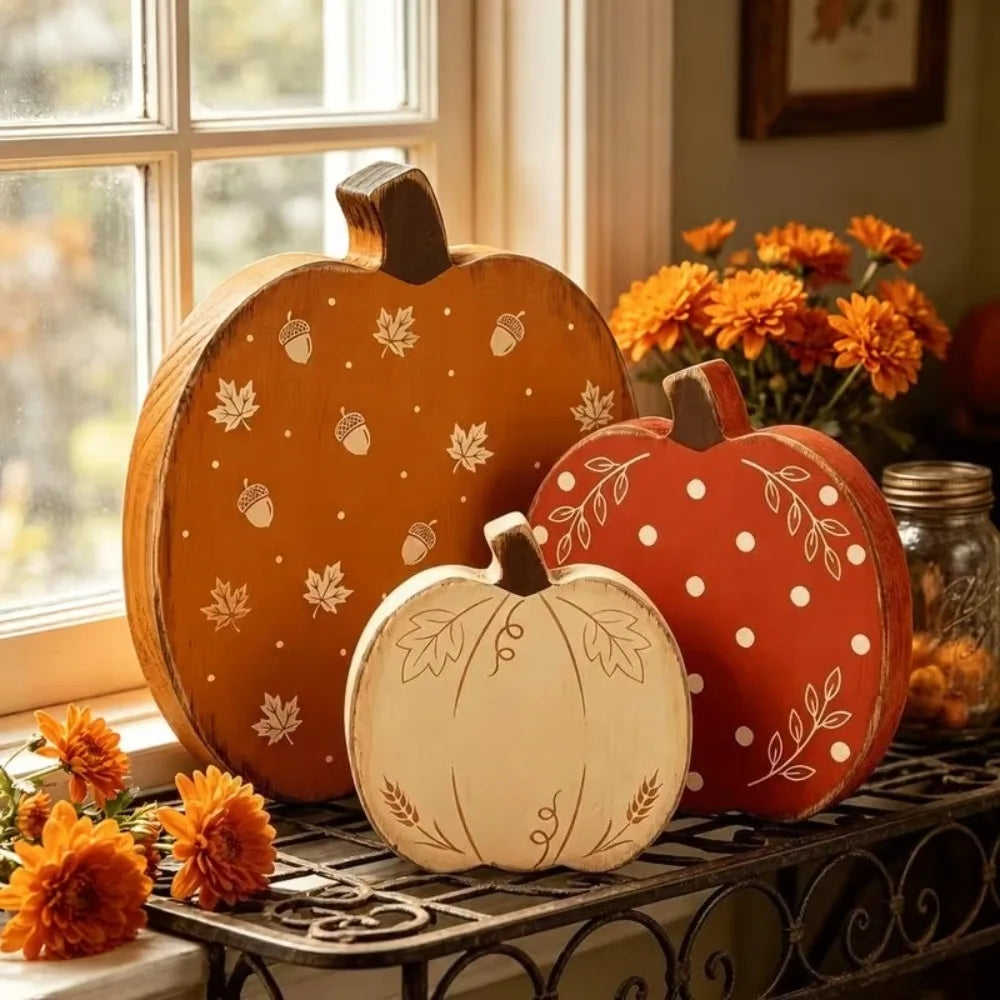 A set of three wooden pumpkin figurines in orange, red, and natural wood are displayed on a dark metal surface.