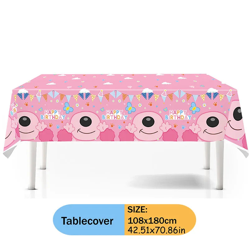 Pink birthday themed tablecloth featuring cute face designs for parties and picnics
