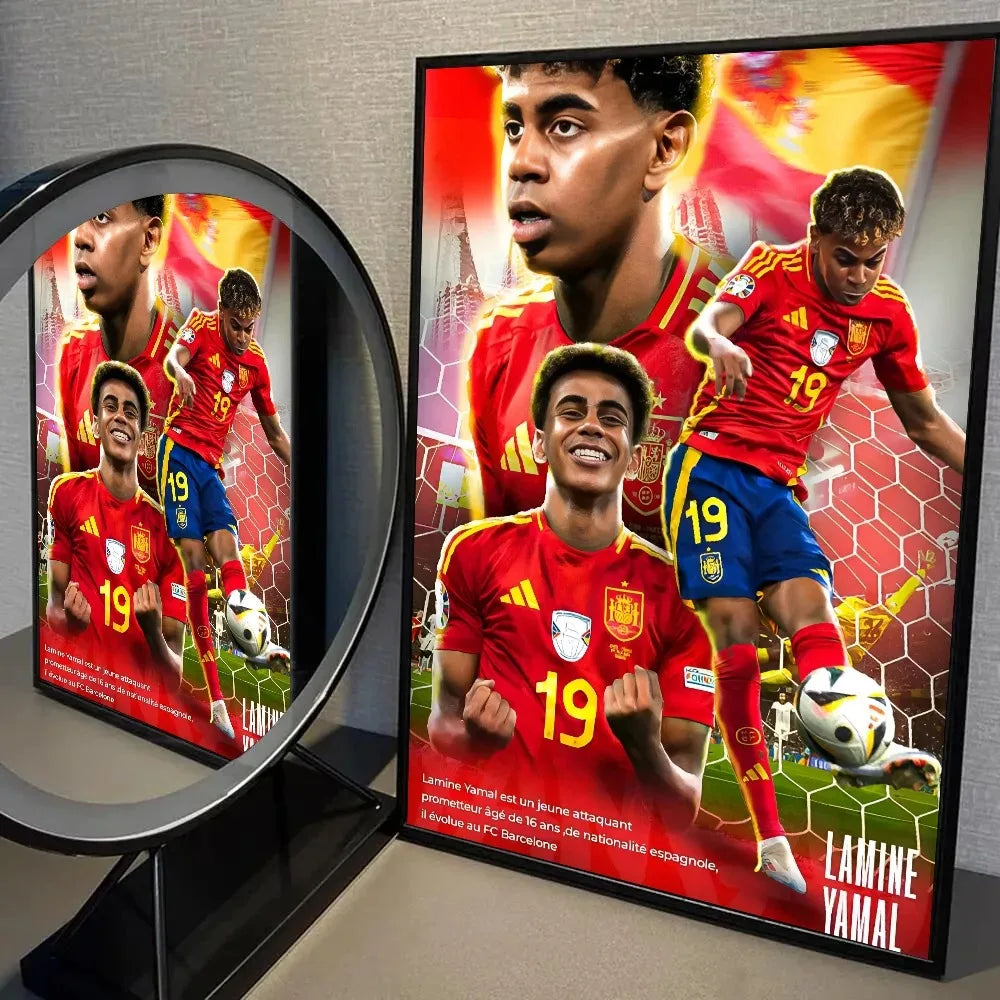 Canvas wall art featuring a portrait of Lamine Yamal in a red soccer jersey and blue shorts.