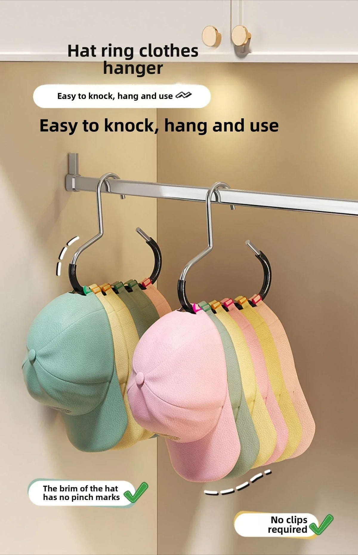 A silver hanger displaying multiple colored hats and headwear on a closet rod.