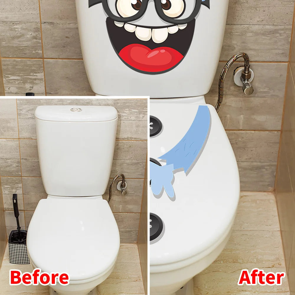 Before and after comparison of a funny cartoon face toilet decal installation