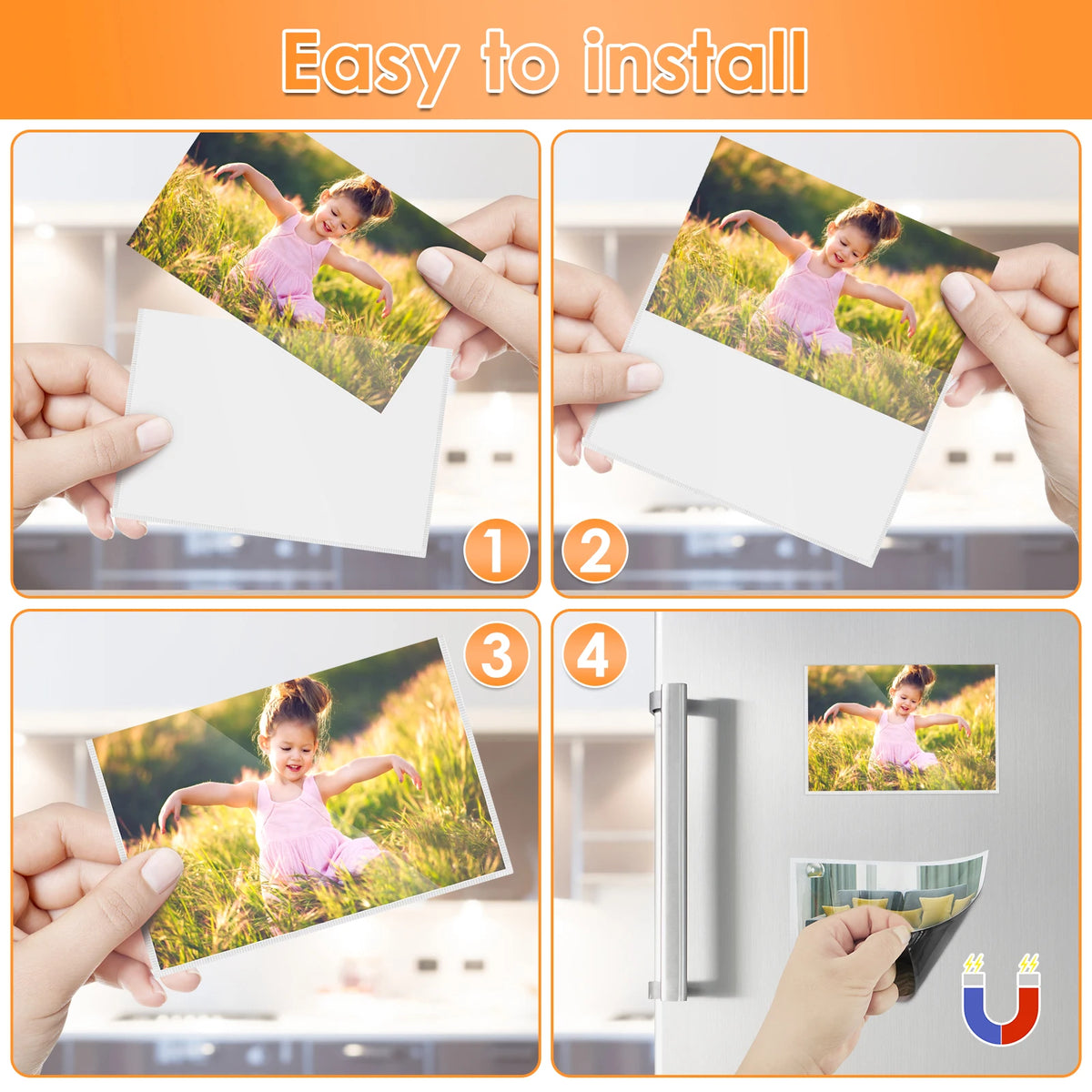 Hands install magnetic picture frames onto a refrigerator door and a locker.