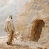 An oil painting depicting a figure in flowing white robes standing near a cave entrance in a desert landscape.