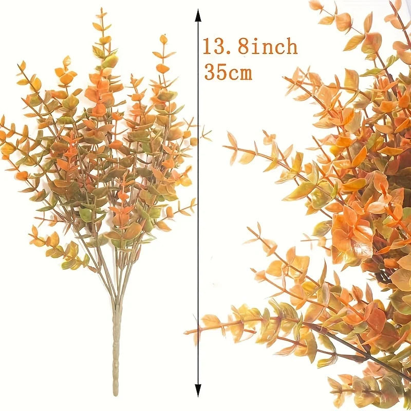 Branch of artificial fall flower with orange and green leaves, measuring 13.8 inches long.