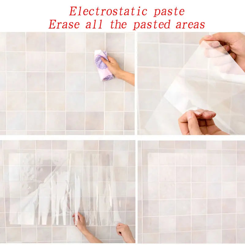 Demonstration of electrostatic paste erasing pasted areas using a white cloth and clear film on a tiled surface.