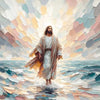 A relief sculpture depicting Jesus standing in the water with a radiant light behind him.
